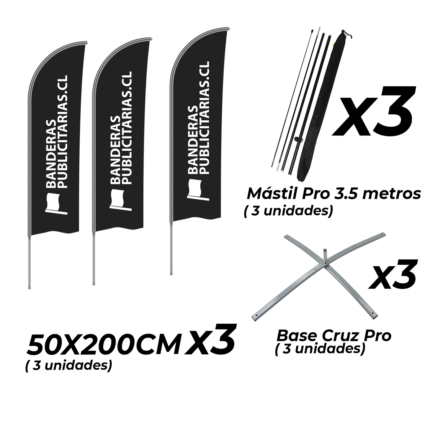 Banderas Publicitarias - Tipo Vela 50x200 + Base X Pro + Mástil Pro de 3.4 metros -