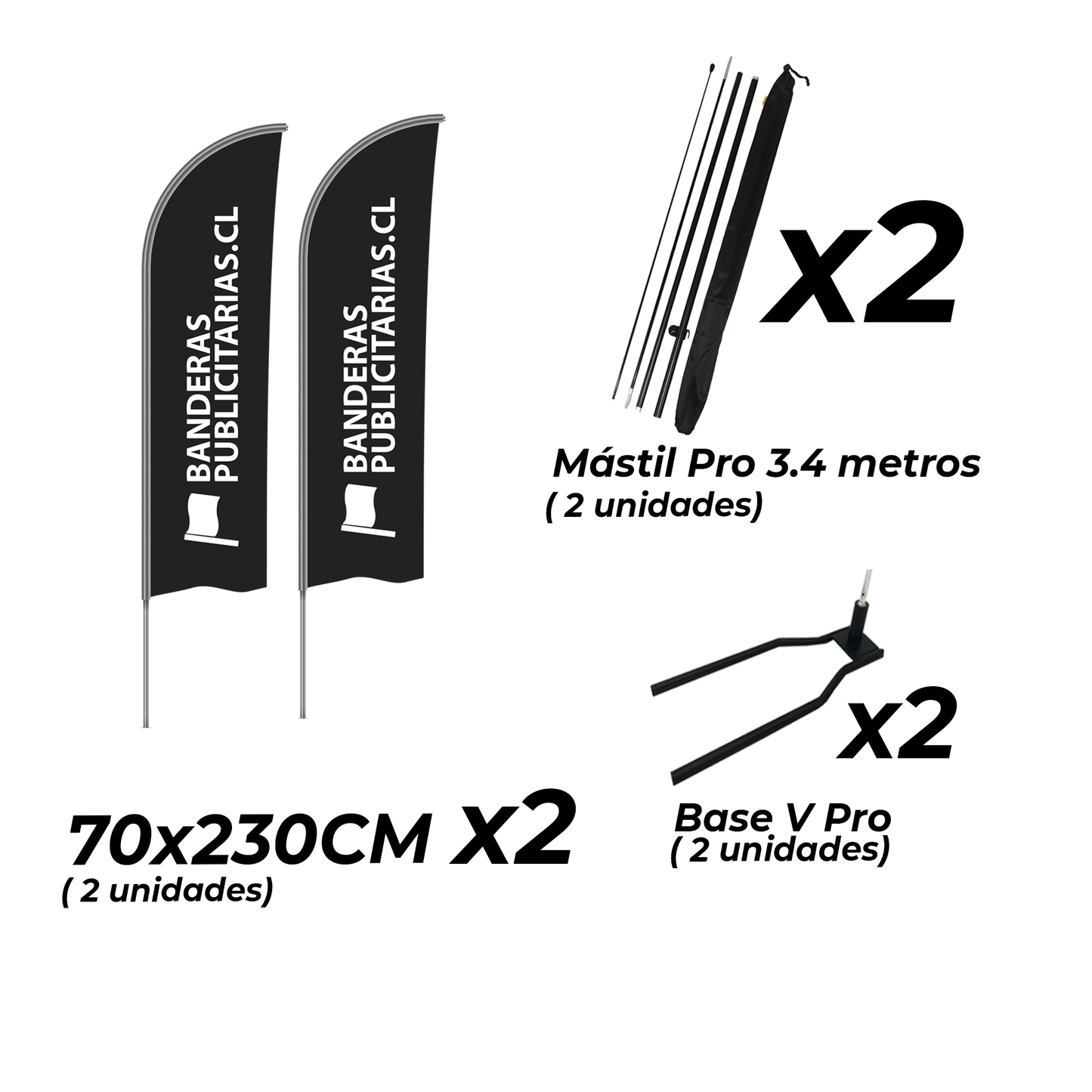 Banderas Publicitarias - Bandera Vela 70x230cm +Base Pro V para Auto + Mástil Pro de 3.4 metros