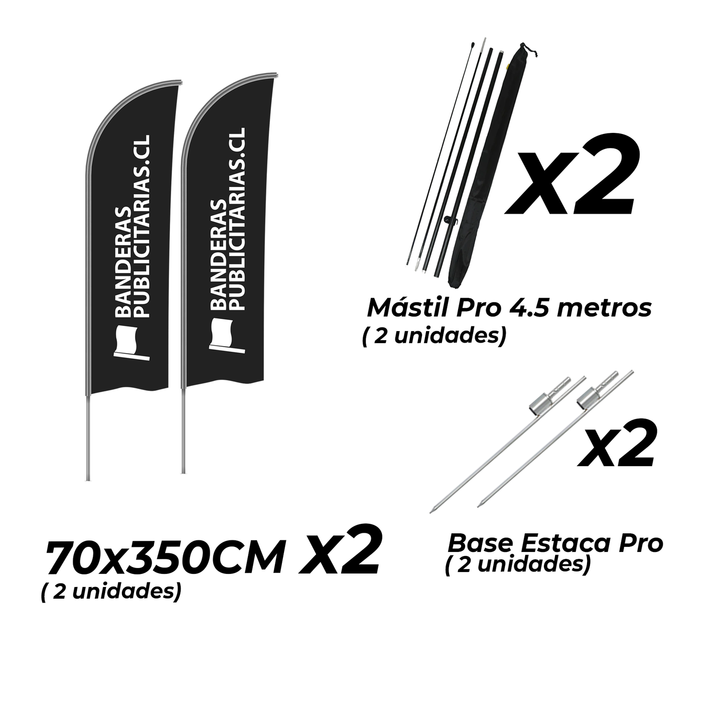 BANDERAS PUBLICITARIAS - TIPO VELA 70X350CM + BASE ESTACA PRO + MÁSTIL PRO 4.5 METROS