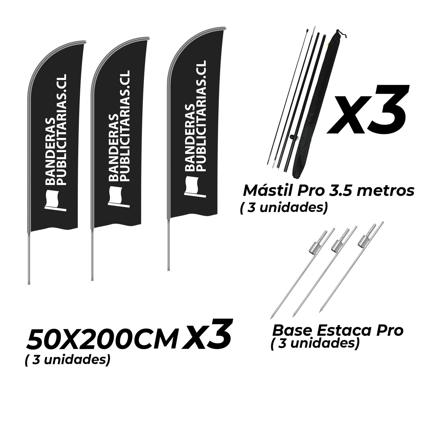 BANDERAS PUBLICITIARIAS - 50X200CM + BASE ESTACA PRO + MÁSTIL PRO 3.4 METROS + DISEÑO GRATIS