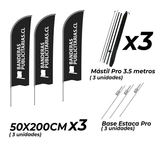 BANDERAS PUBLICITIARIAS - 50X200CM + BASE ESTACA PRO + MÁSTIL PRO 3.4 METROS + DISEÑO GRATIS